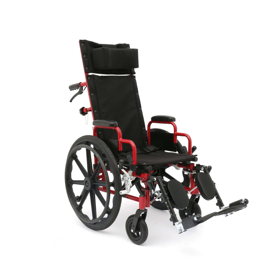 The Circle Specialty ZIGGO Pro Reclining Pediatric Wheelchair in red and black features adjustable backrest, padded headrest, elevated leg rests, armrests, and large rear wheels, shown angled on a plain white background.